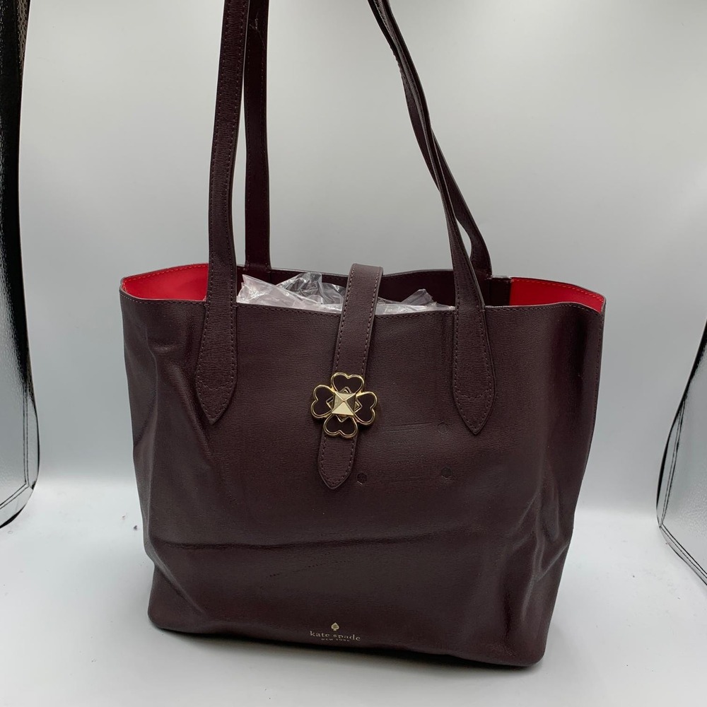 Kate Spade New York Kaci Tote Bag Chocolate Cherry Leather Gold Clover Purse